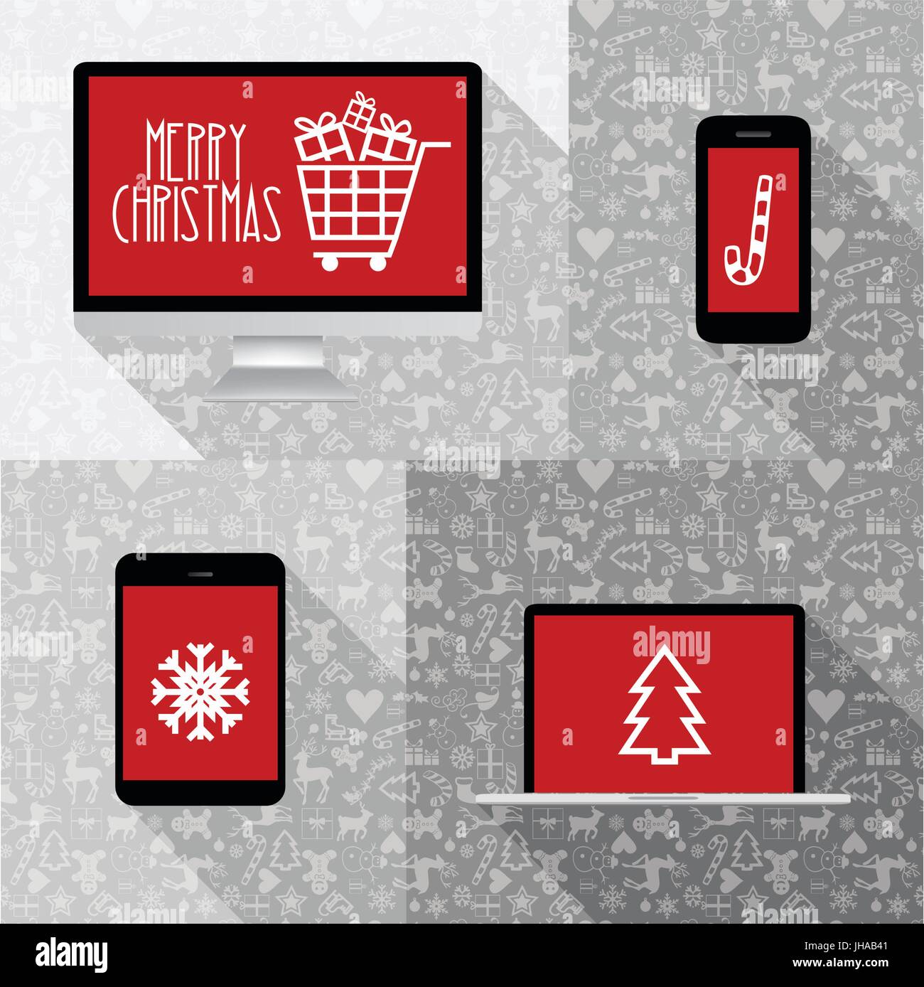 L'ordinateur moderne, téléphone, tablette, ordinateur portable avec écran rouge et collection d'icônes de Noël - Noël icon collection Banque D'Images