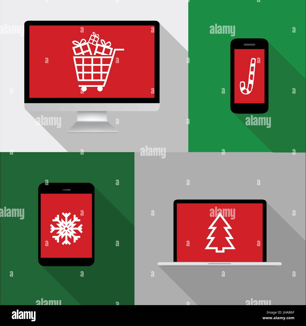 Ordinateur, Téléphone, ordinateur portable, portable illustration avec les achats de Noël des icônes sur l'écran rouge Banque D'Images