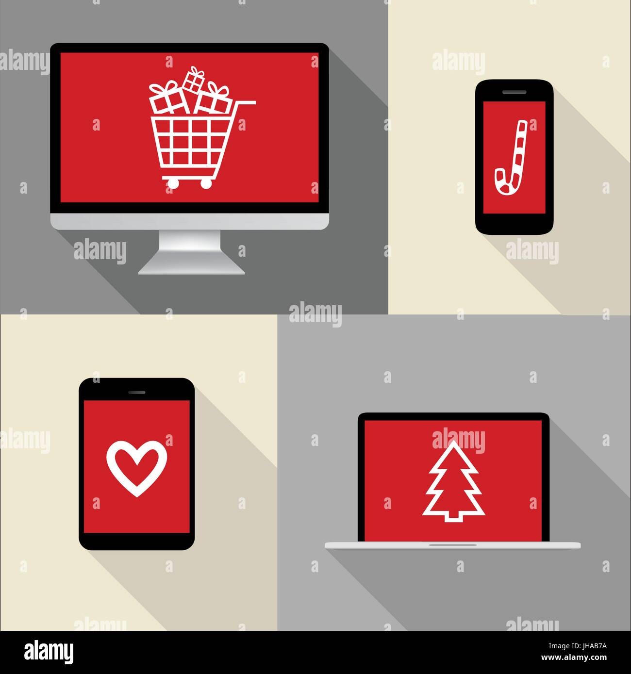Ordinateur, Téléphone, ordinateur portable, portable illustration avec les achats de Noël des icônes sur l'écran rouge Banque D'Images