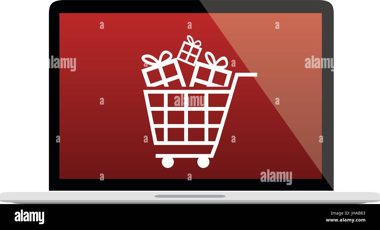 Illustration d'ordinateur portable avec écran rouge, panier cadeau et icônes - graphique de scénario Banque D'Images