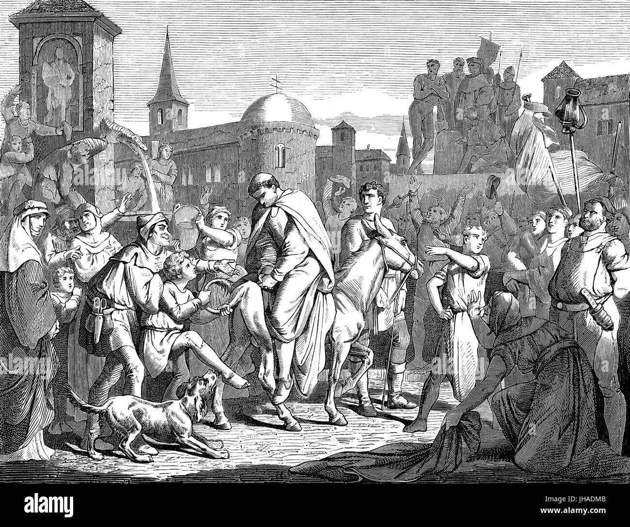 Jean XVI, ch. - 945 ch. 1001, était un antipape de 997 à 998, l'obligation de rouler à travers les rues de Rome, assis à l'envers sur un âne Banque D'Images