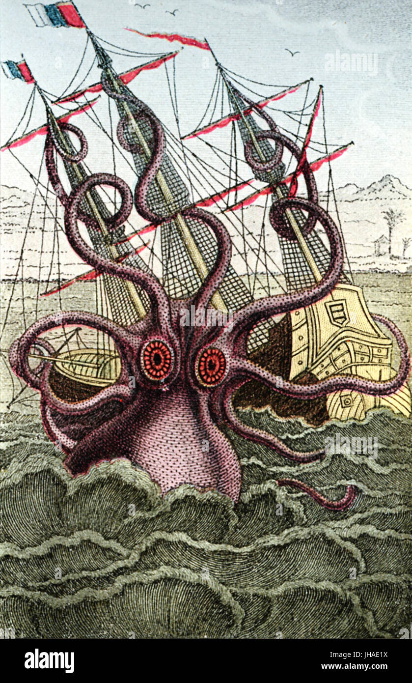 Kraken, monstre marin géant attaque caravelle, cité médiévale imprimer Banque D'Images