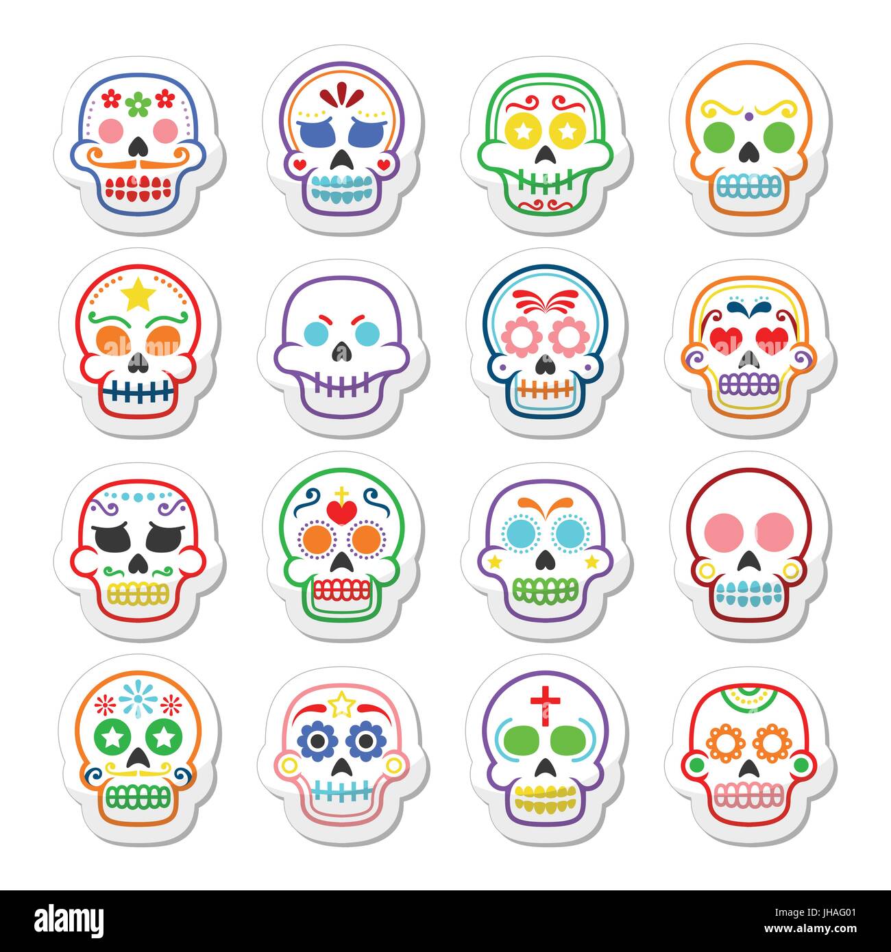 Halloween, crâne en sucre mexicain, Dia de los Muertos - icônes cartoon Vector icons set de crâne décoré isolé sur blanc - concept de mort Illustration de Vecteur