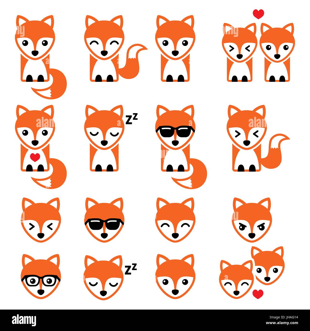 Cute Fox icônes de caractère, la faune animale concept vector icons set - red fox isolated on white Illustration de Vecteur