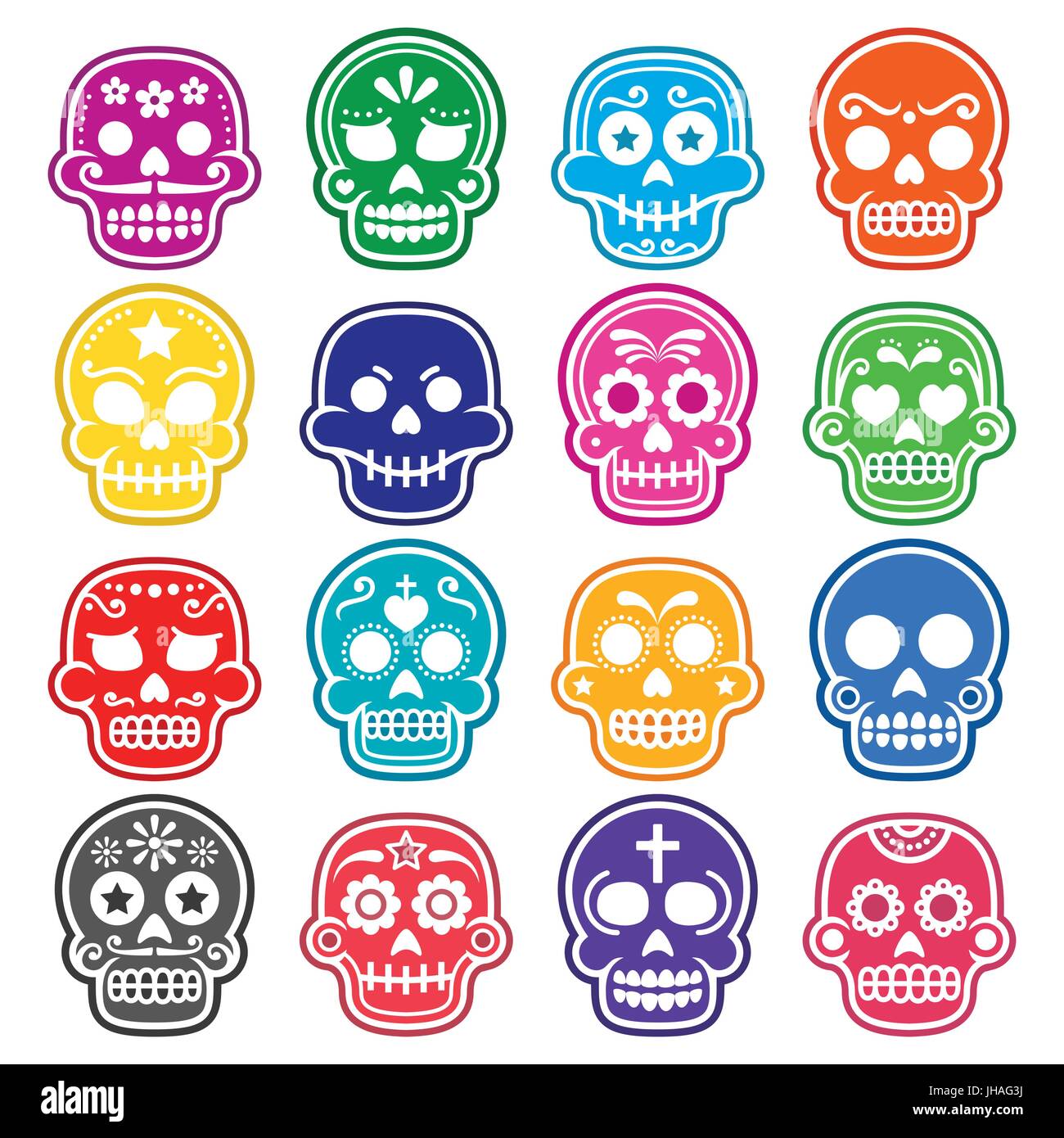 Halloween, crâne en sucre mexicain, Dia de los Muertos - icônes cartoon Vector icons set de crâne décoré isolé sur blanc - concept de mort Illustration de Vecteur
