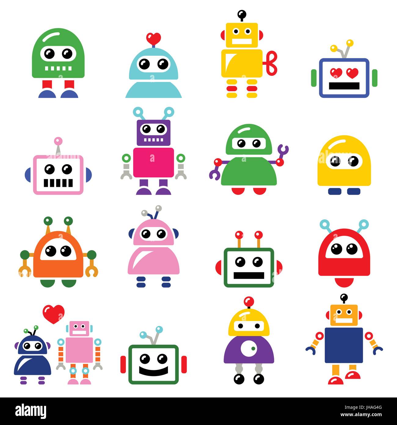 Homme et femme robot, l'Intelligence Artificielle (IA) icons set Vector icons set de robot, la technologie moderne isolated on white Illustration de Vecteur