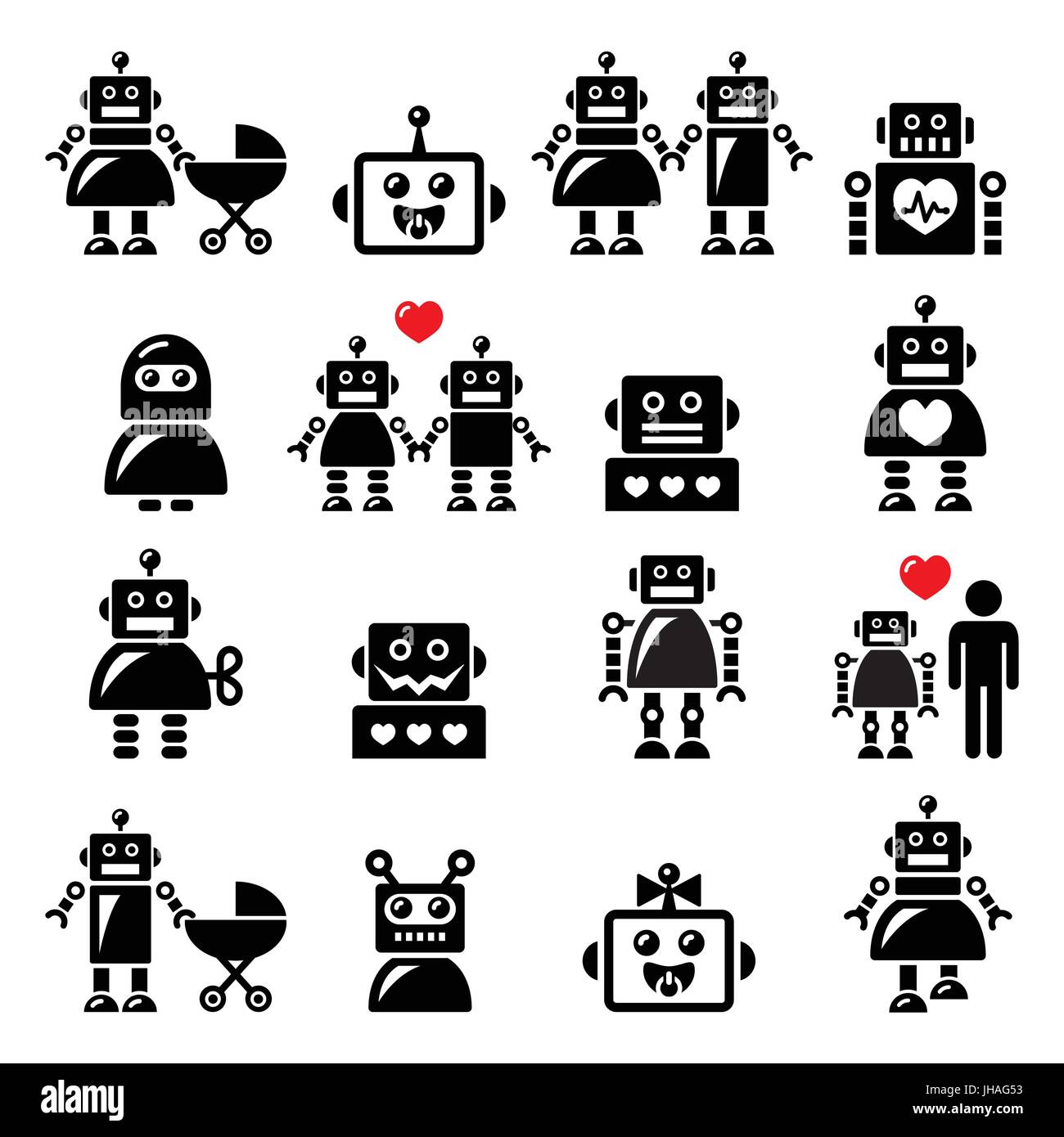 Famille, femme, robot robot bébé icons set Vector icons set de robot, la technologie moderne, l'Intelligence Artificielle (IA) isolated on white Illustration de Vecteur