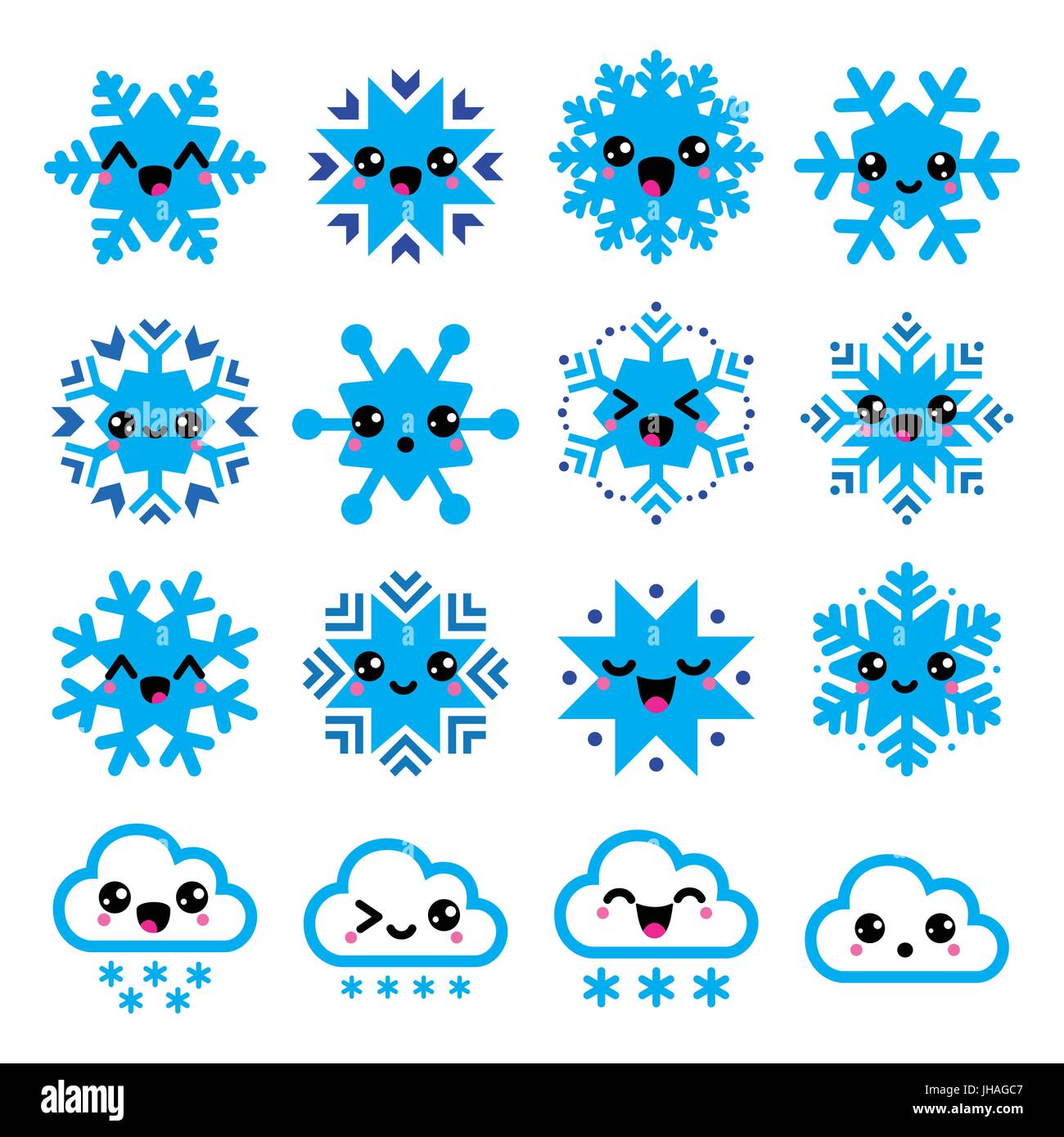 Kawaii flocons, les nuages de neige - Noël, d'hiver icons set Vector icons set of cute Kawaii - flocons isolated on white Illustration de Vecteur