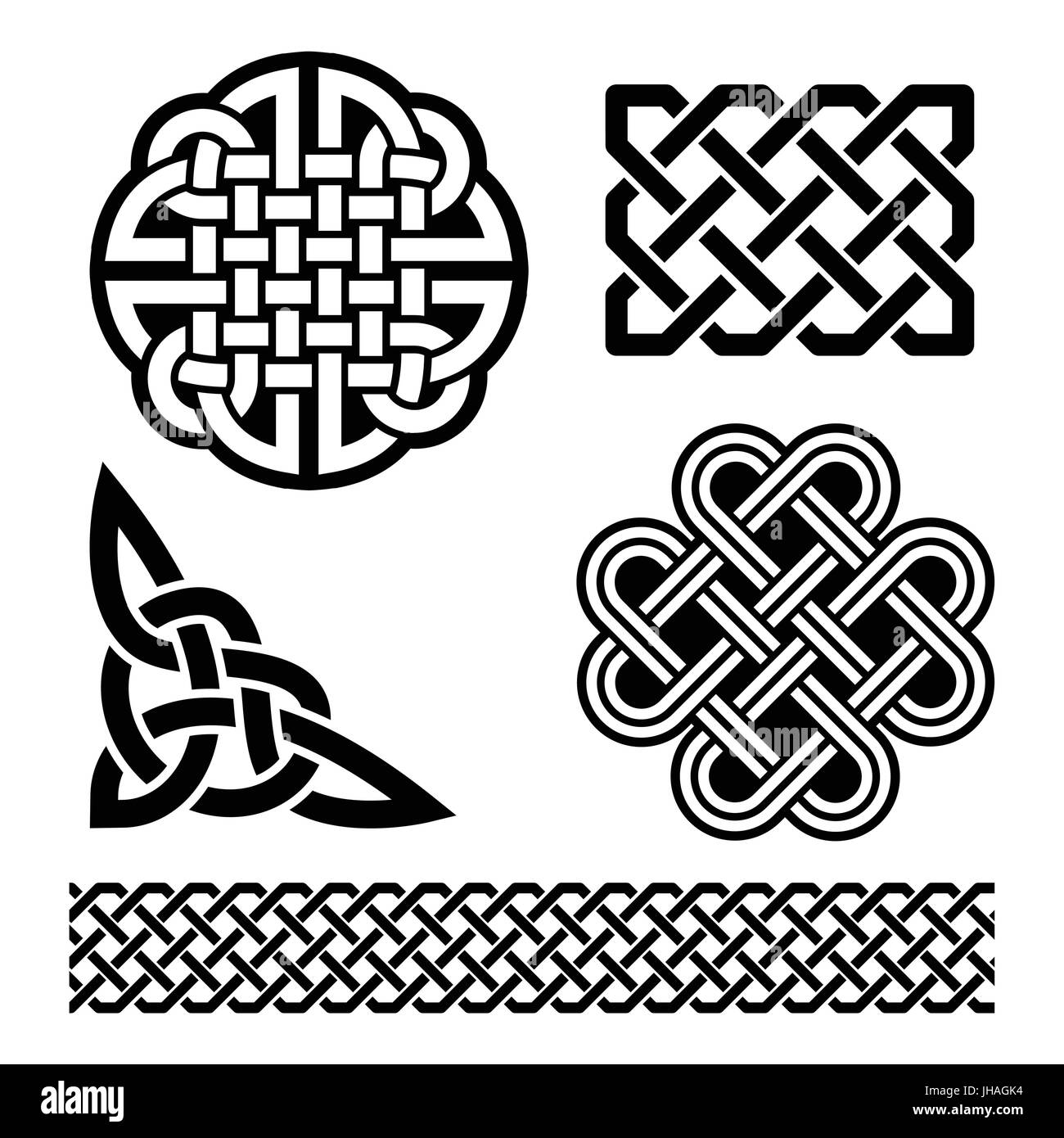 Noeuds celtiques, de tresses et de motifs - St Patrick's Day en Irlande Ensemble de symboles celtiques traditionnels en noir isolé sur blanc - vector Illustration de Vecteur