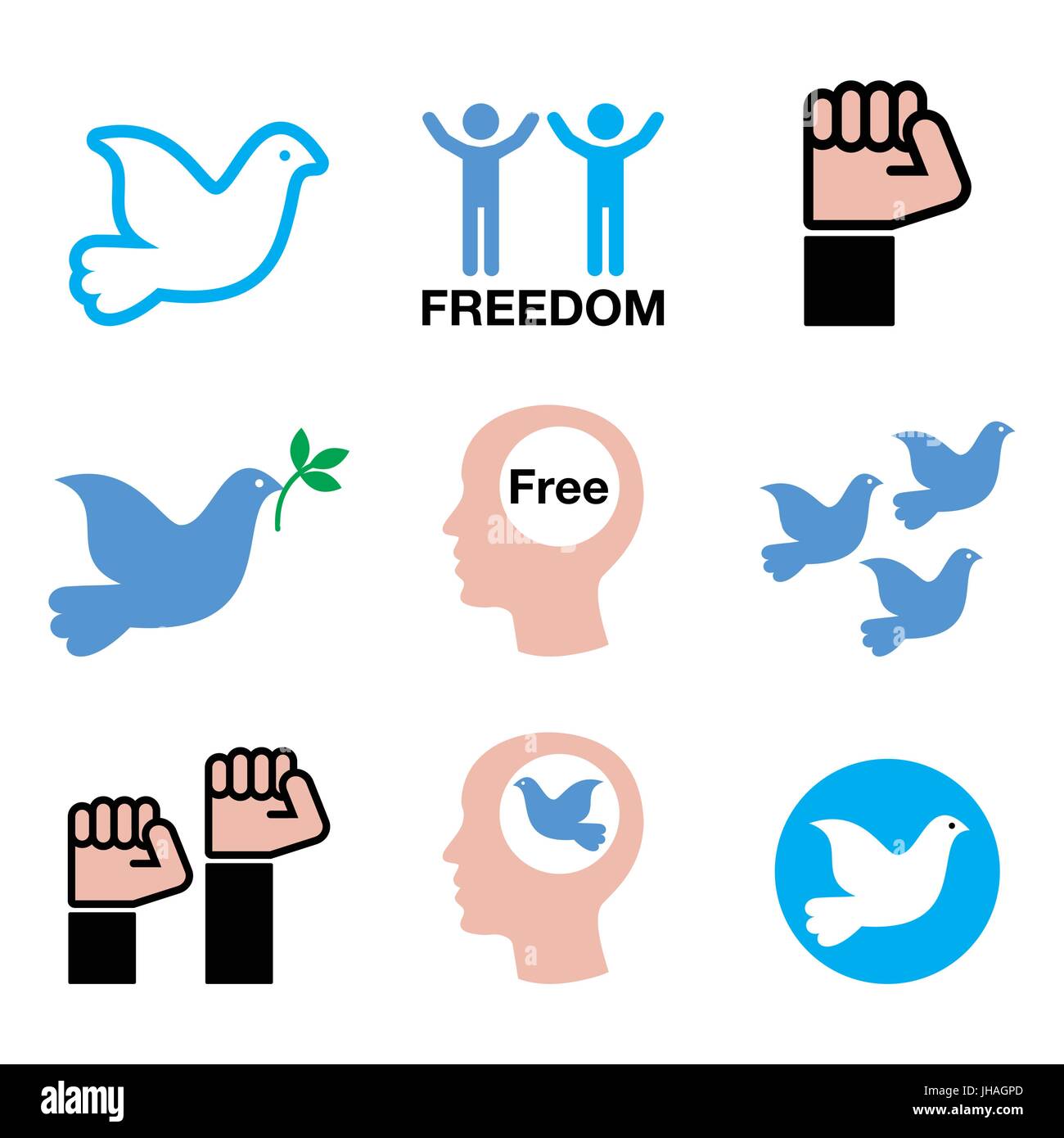 La liberté icons set - colombe et symboles fist Vector icons set de peuple libre, de la liberté Illustration de Vecteur