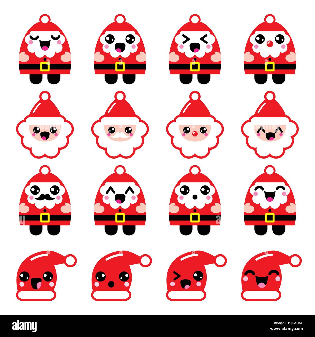 Père Noël Kawaii cute icônes de caractère - tête, corps, Santa's hat Illustration de Vecteur