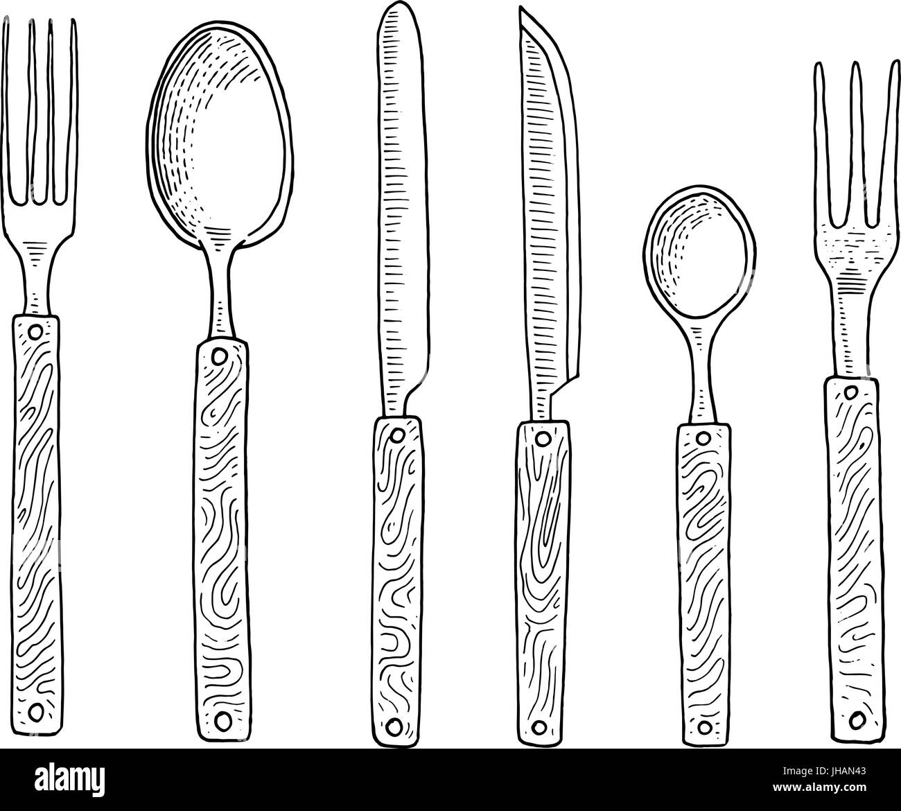 Coin repas ou collation pour fourche cuillère de crème glacée, les huîtres et le couteau pour le dessert ou le beurre et cuire au four. Les ustensiles de cuisine, de trucs pour la cuisine décoration menu gravé à la main. dans de vieux croquis et de l'esprit vintage. Illustration de Vecteur
