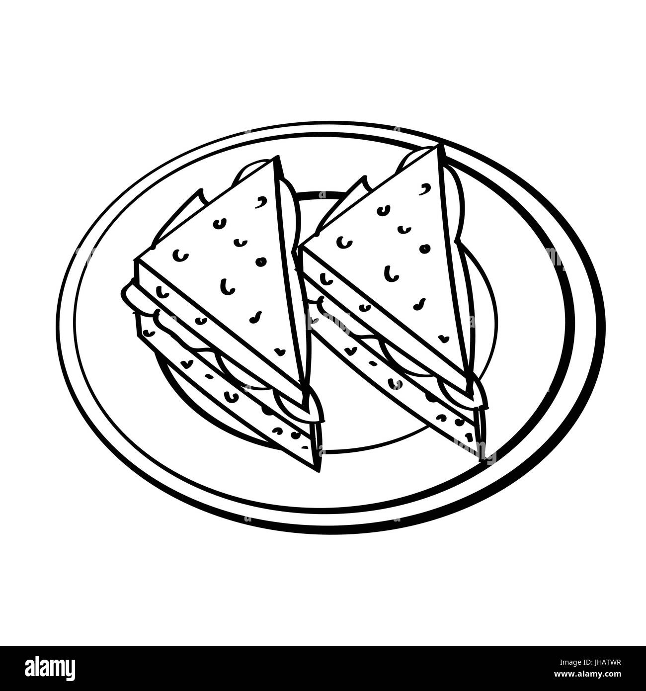 Croquis dessinés à la main, de sandwichs dans plat isolé, noir et blanc Cartoon Vector Illustration pour livre de coloriage - Ligne dessinée Vector Illustration de Vecteur