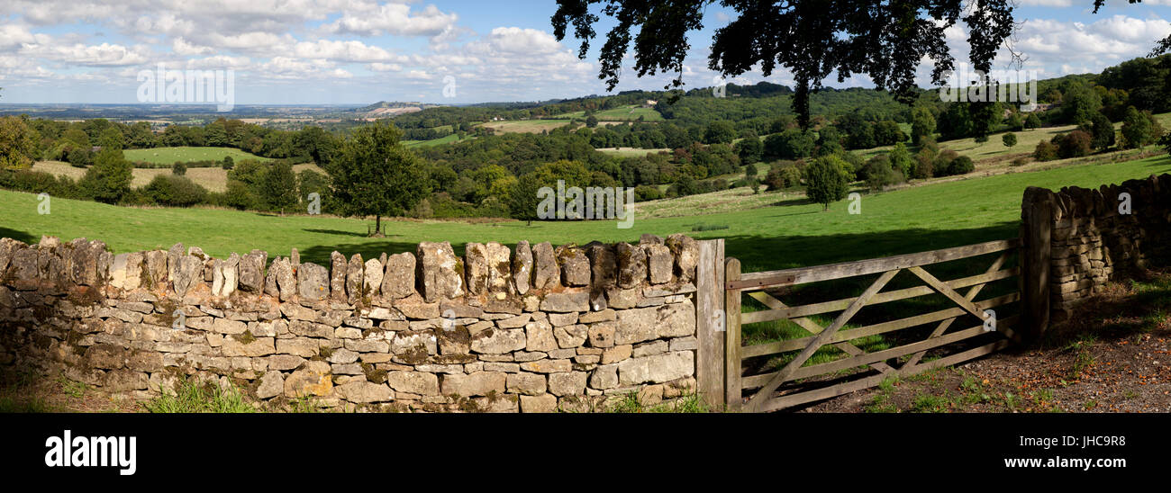 Vue sur paysage Cotswold et avec un mur de pierres sèches 5 bar gate, Saintbury, Cotswolds, Gloucestershire, Angleterre, Royaume-Uni, Europe Banque D'Images