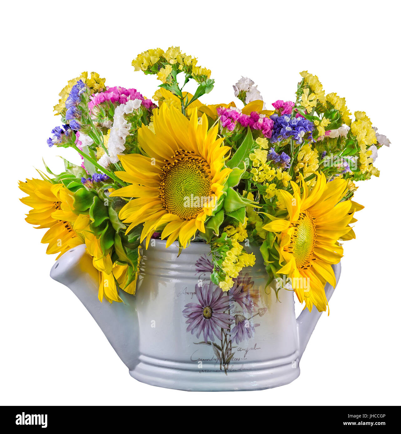 Couleur jaune tournesol et fleurs sauvages dans un livre blanc, sprinkleur arrosoir, Close up, isolé, décoration Banque D'Images