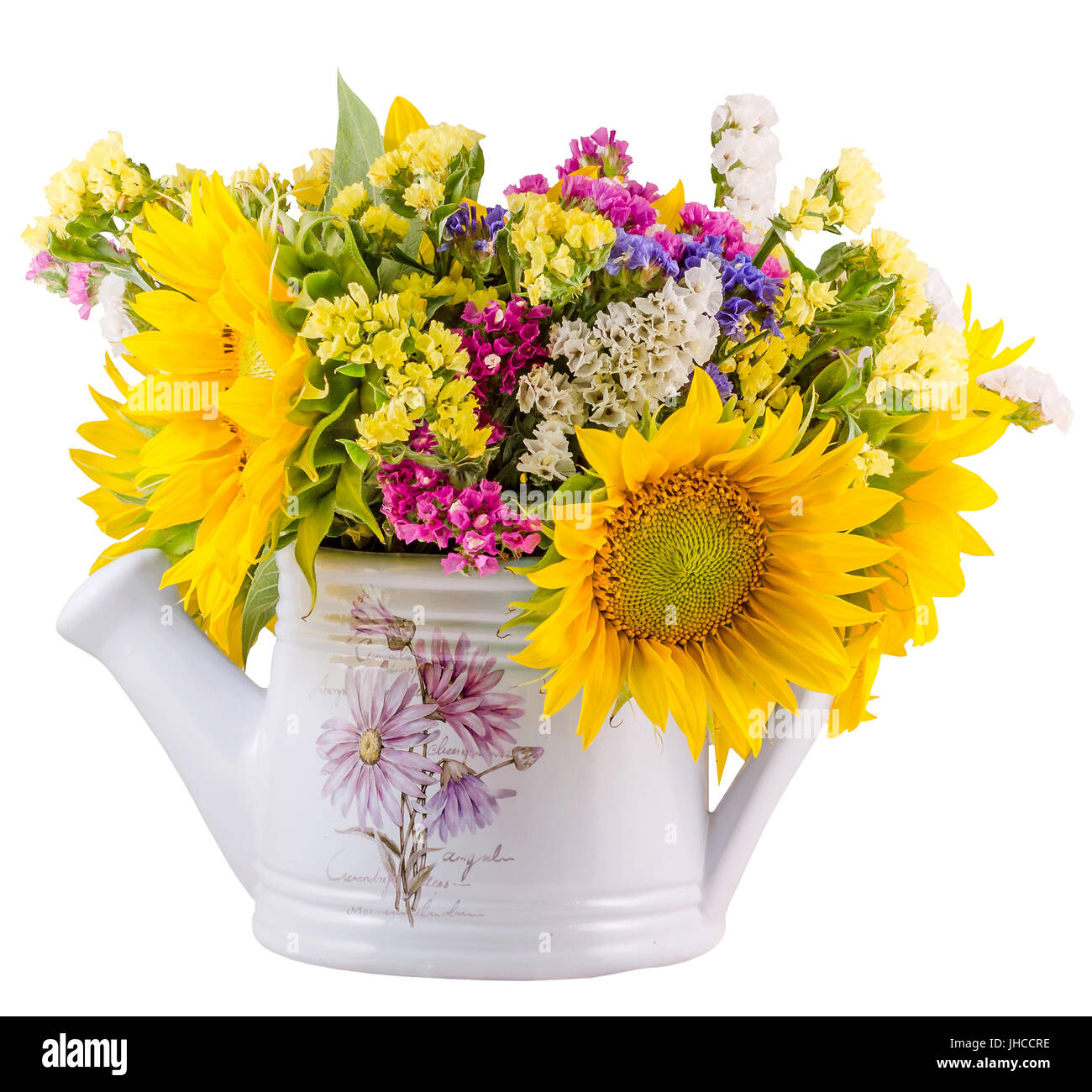 Couleur jaune tournesol et fleurs sauvages dans un livre blanc, sprinkleur arrosoir, Close up, isolé, décoration Banque D'Images