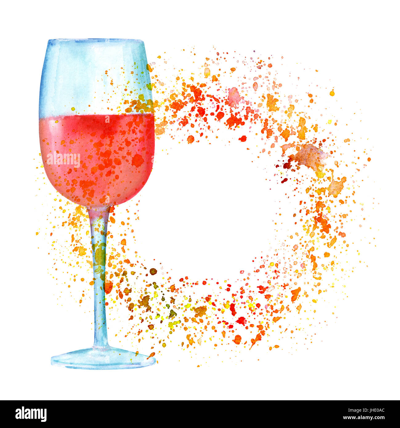 Une aquarelle dessin d'un verre de vin rose, peinte dans un style rétro,  avec des touches de peinture jaune d'or tout autour et un lieu pour le  texte. Un vin Photo Stock -