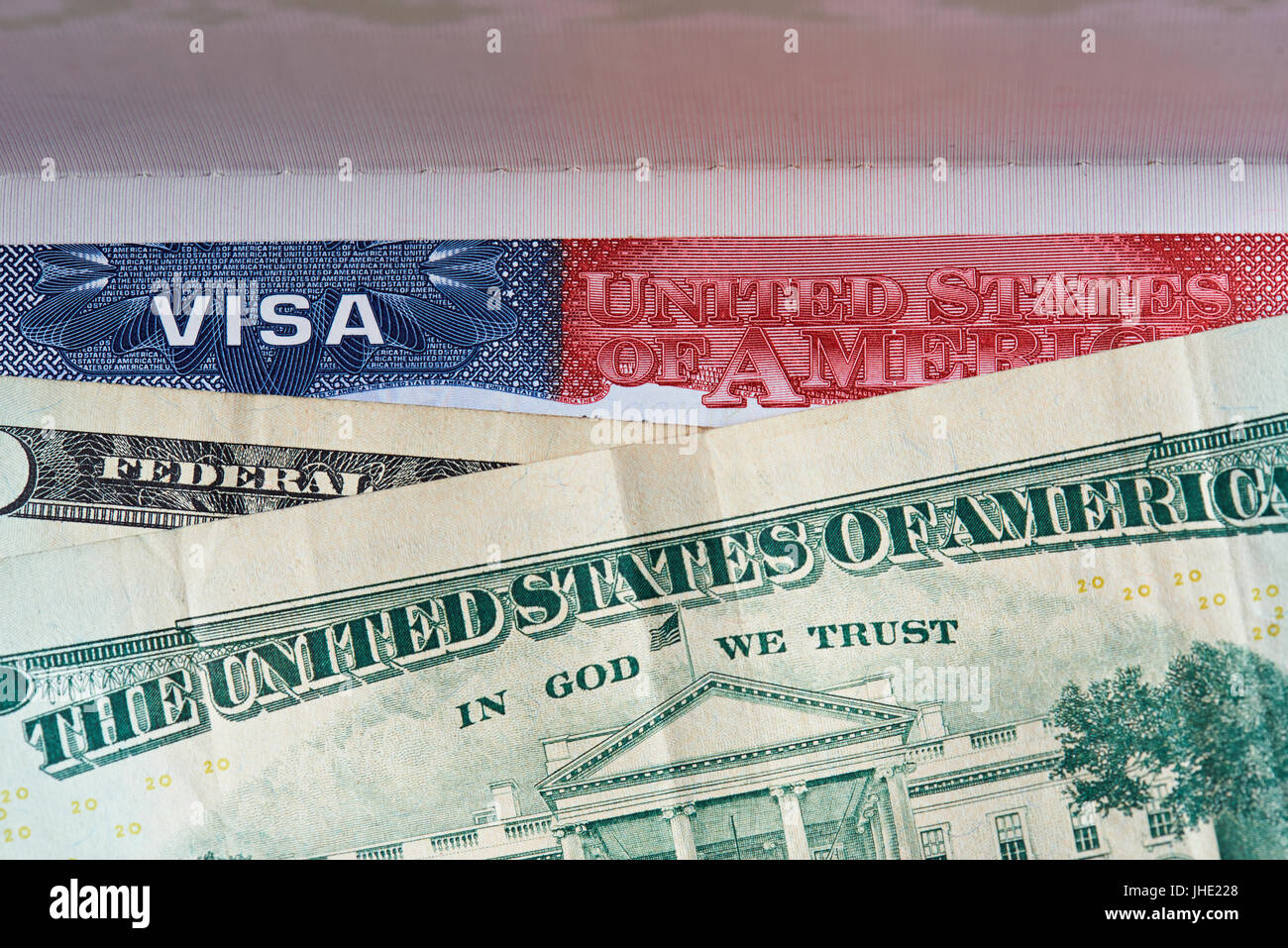Amercan thème Voyage. Visa américain et dollars close-up Banque D'Images