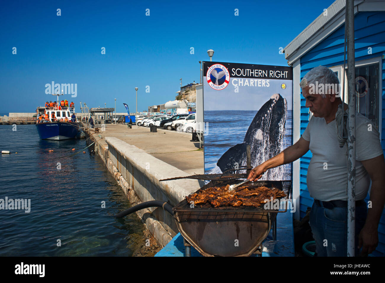 Des excursions en bateau d'observation des baleines à Hermanus, Western Cape, Afrique du Sud Banque D'Images