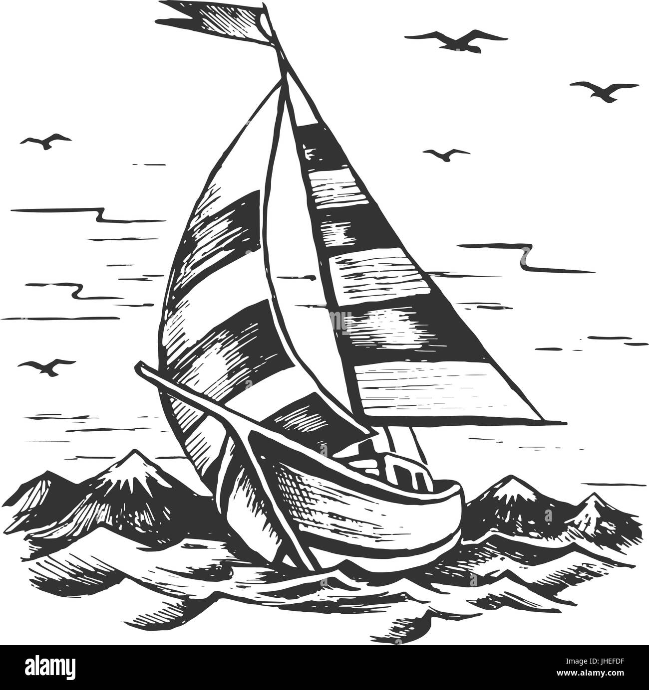 Voilier dans l'arrière-plan des montagnes Illustration de Vecteur