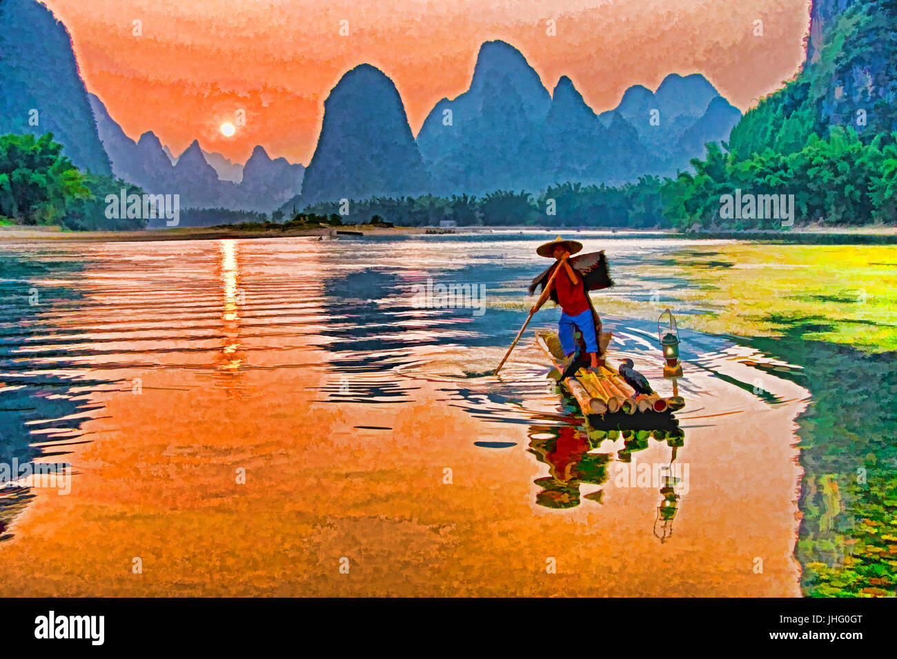 Coucher du soleil sur la rivière Li près de Xingping, Guanxi, Chine. --Art Peinture Photo Numérique Banque D'Images