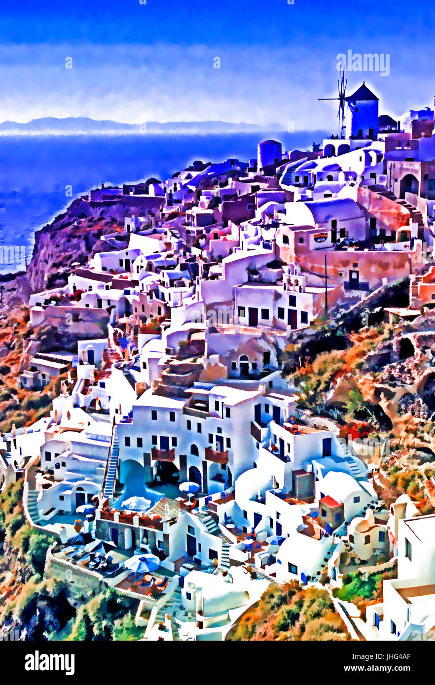 Ville d'Oia, sur l'extrémité nord de l'île de Santorin, Grèce. --Art Peinture Photo Numérique Banque D'Images