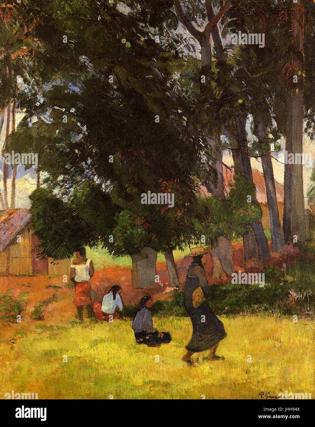Village 1892 Gauguin tahitienne avec la femme en marche Banque D'Images