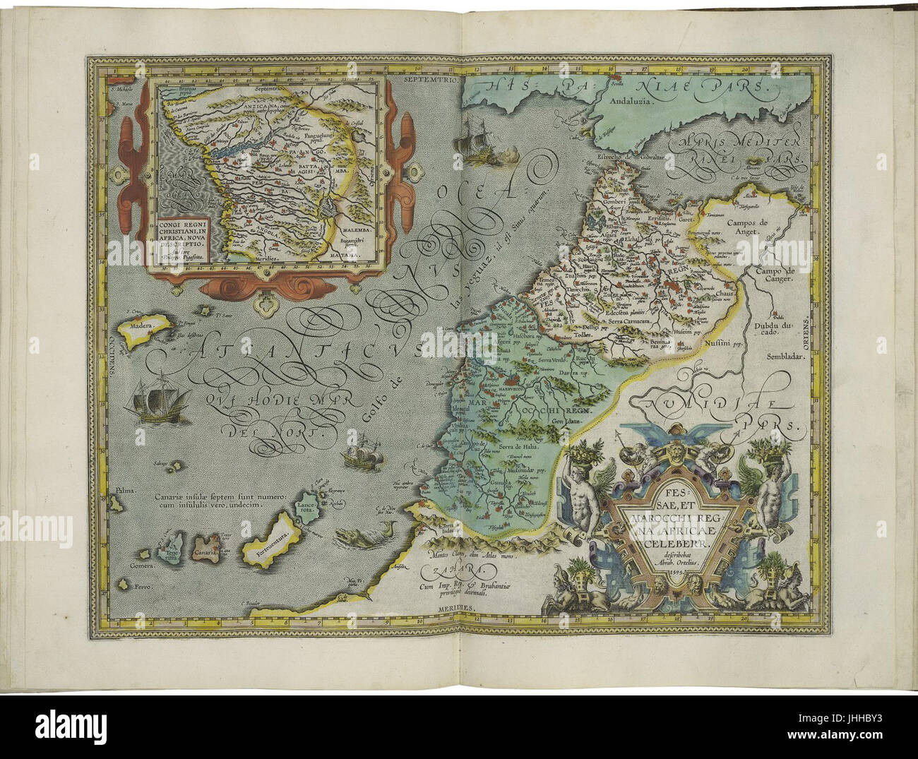 La carte des royaumes de Fez et du Maroc et de l'encart carte du royaume de Kongo par Abraham Ortelius Banque D'Images