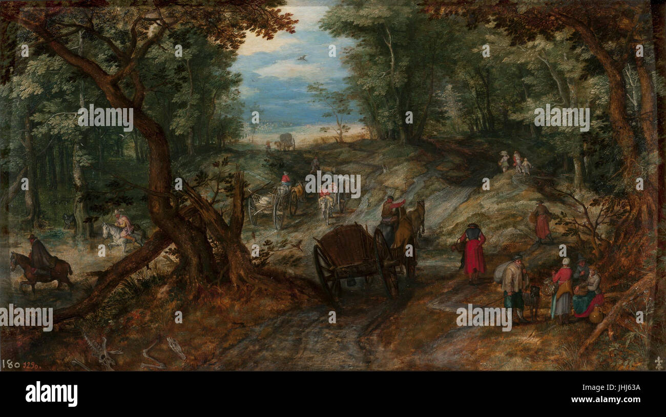 Jan Brueghel (I) - Forêt avec des chariots traversant un ruisseau et cavaliers Banque D'Images