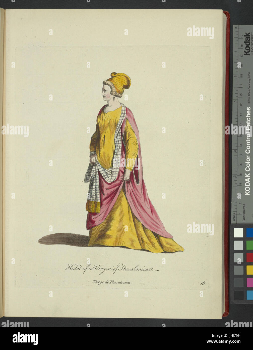 Cette illustration du XIXe siècle montre la tenue traditionnelle d'une vierge de Thessalonique, capturant la tenue culturelle et les coutumes de la région pendant cette période. Il donne un aperçu des pratiques vestimentaires régionales des femmes de Thessalonique. Banque D'Images