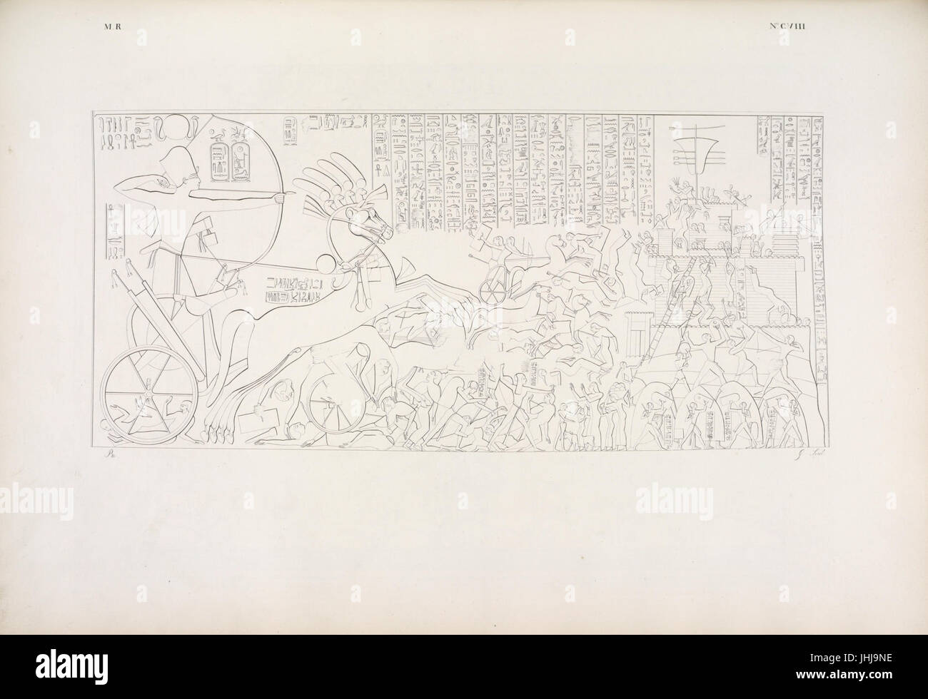 Ramsès III (Ramsès II) sul carro, e i suoi figli a piedi e assaltano combattono una fortezza cosi rappresentata nelle parti interne del Ramesseion (Ramesseum) (NYPL b14291206-425600) Banque D'Images