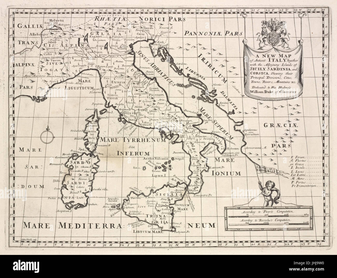 Une nouvelle carte de l'Italie antique, avec le adjoyning îles de Sicile, Sardaigne, Corse, et qui fais leurs principales divisions, villes, villages, rivières, montagnes &c (NYPL)15114268-1630709 b Banque D'Images