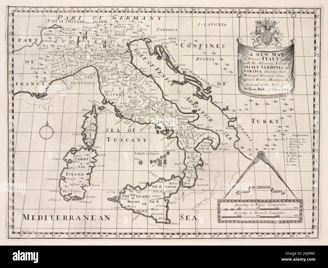 Une nouvelle carte de l'Italie, avec le adjoyning îles de Sicile, Sardaigne, Corse, et qui fais leurs principales divisions, villes, villages, rivières, montagnes &c (NYPL)15114268-1630710 b Banque D'Images