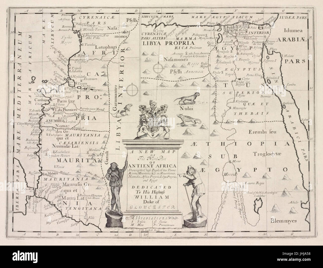 Une nouvelle carte de la partie nord de l'Afrique antient shewing the chiefe les gens, les villes, villages, rivières, montagnes, &c. en Mauritanie, la Numidie, en Afrique, la Libye Propria propria, et l'Égypte (NYPL)15114268-1630731 b Banque D'Images