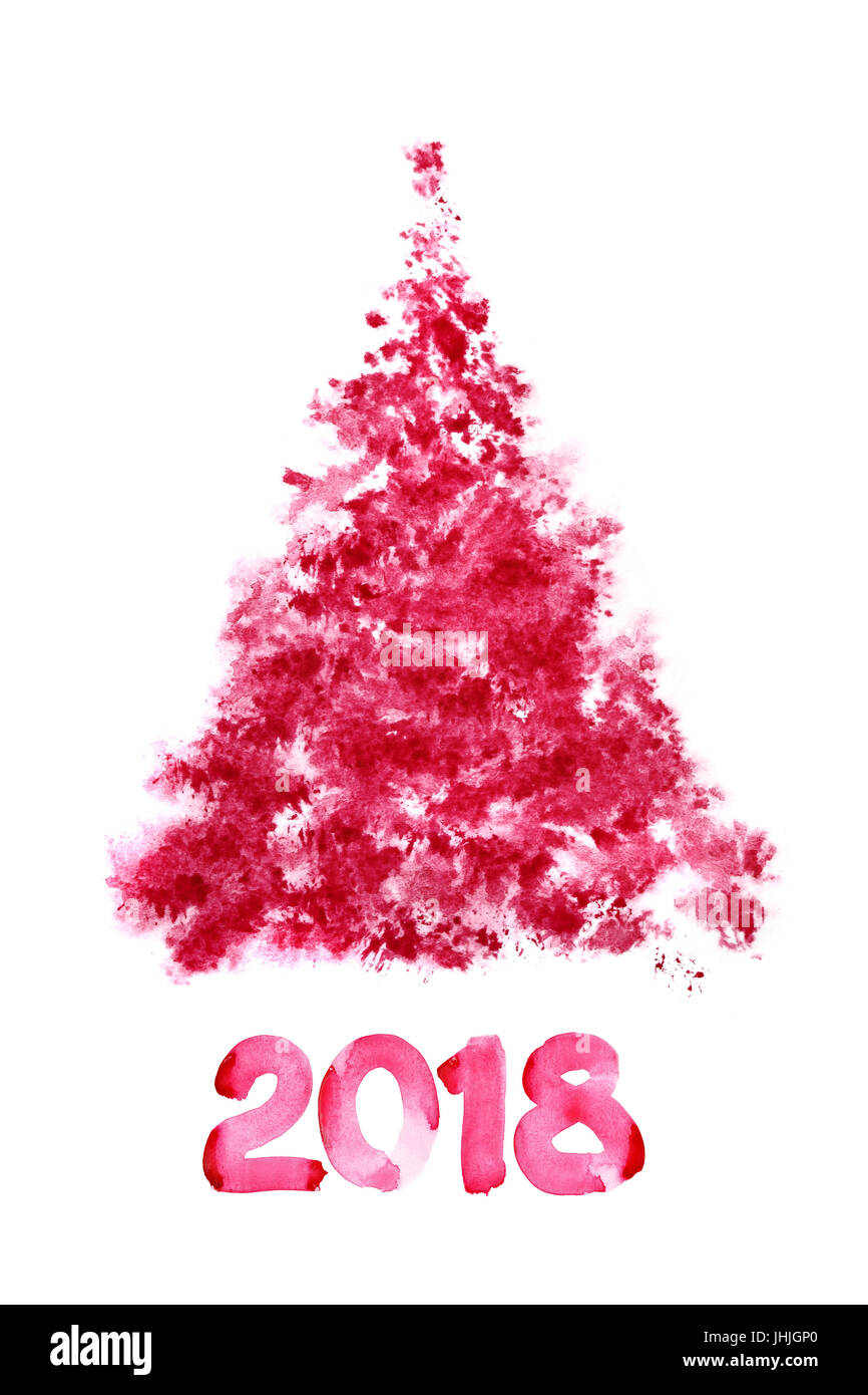 Bonne Année 2018 ! - Arbre de Noël scetched rouge isolé sur fond blanc - illustration raster Banque D'Images