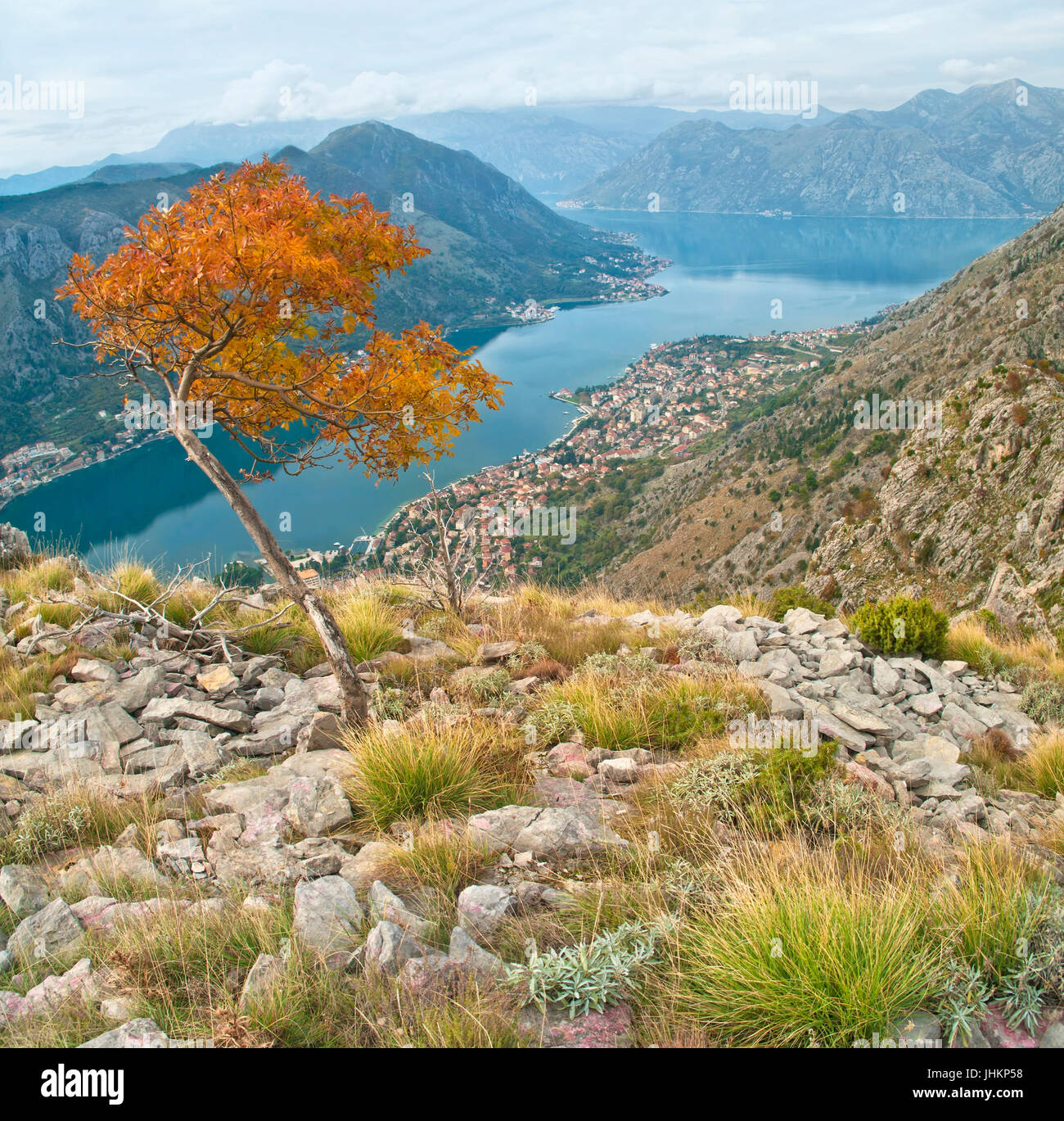 Vue d'automne des fjords et de la ville de Kotor, Monténégro mountain top Banque D'Images