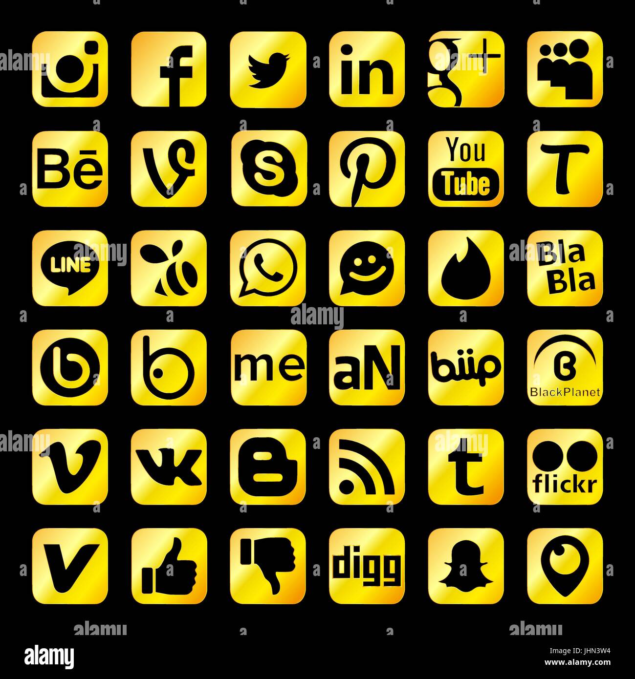 Les icônes de réseau social d'or sur fond noir Illustration de Vecteur