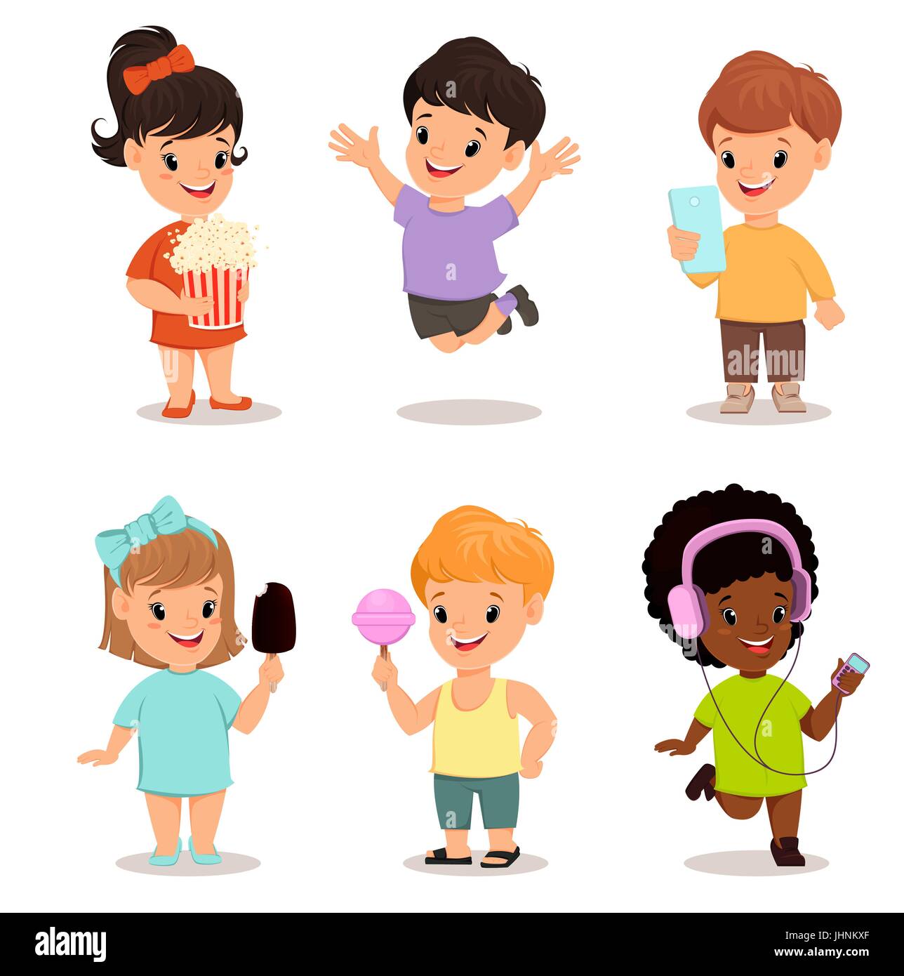 Jeu d'enfants. Cute kids avec le pop-corn, smartphone, glaces, bonbon sucré, walkman, sauter, courir, comité permanent. Vector illustration. Illustration de Vecteur