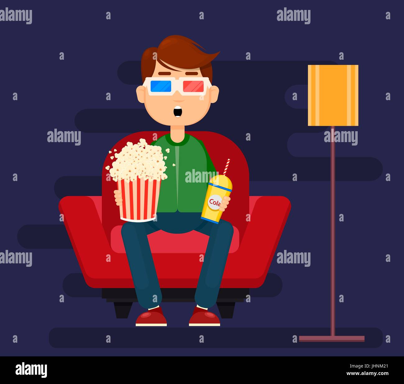 Jeune homme assis dans un fauteuil confortable à la maison et regarder la vidéo en 3D sans lunettes. Pop-corn, soda, vous détendre. Cartoon vector illustration colorée, télévision s Illustration de Vecteur