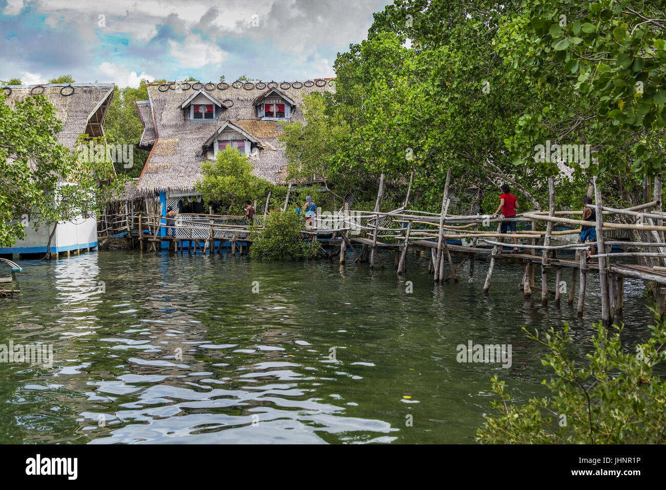 Passerelle de l'eau ouvrir dans une forêt de mangrove mène à un toit de chaume traditionnel accueil philippins. Banque D'Images