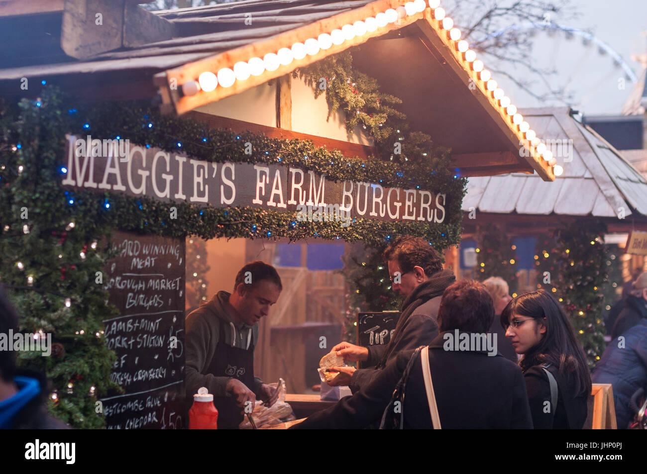 Hyde Park Winter Wonderland Maggie's Farm Stand de hamburgers, Londres, Royaume-Uni Banque D'Images