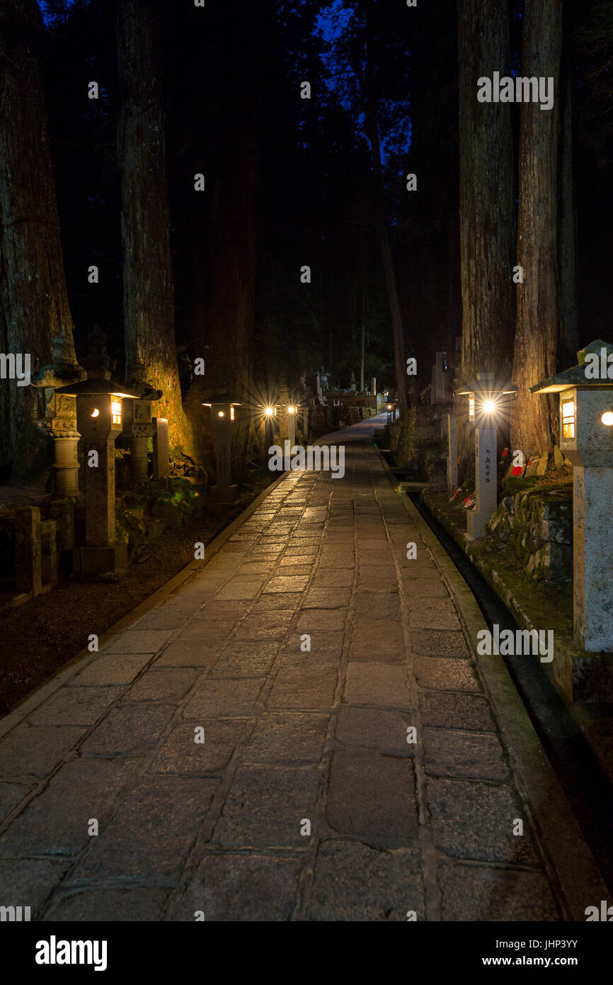 Un chemin à travers le Okunoin la nuit dans l'ancien cimetière bouddhiste à Koyasan, Japon, Asie Banque D'Images