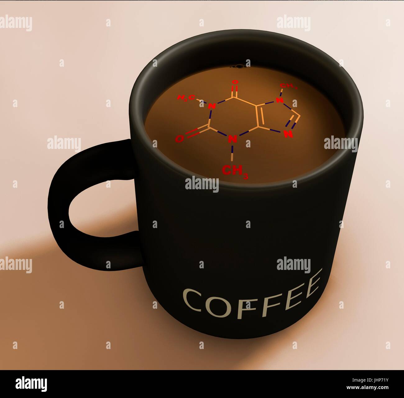 Illustration d'une tasse de café avec une formule topologique (structure chimique) de la caféine qui se superposent. La caféine est un stimulant du système nerveux central (SNC) de la classe de méthylxanthine, présente dans le café, thé et de nombreux soft et des boissons énergétiques. Banque D'Images
