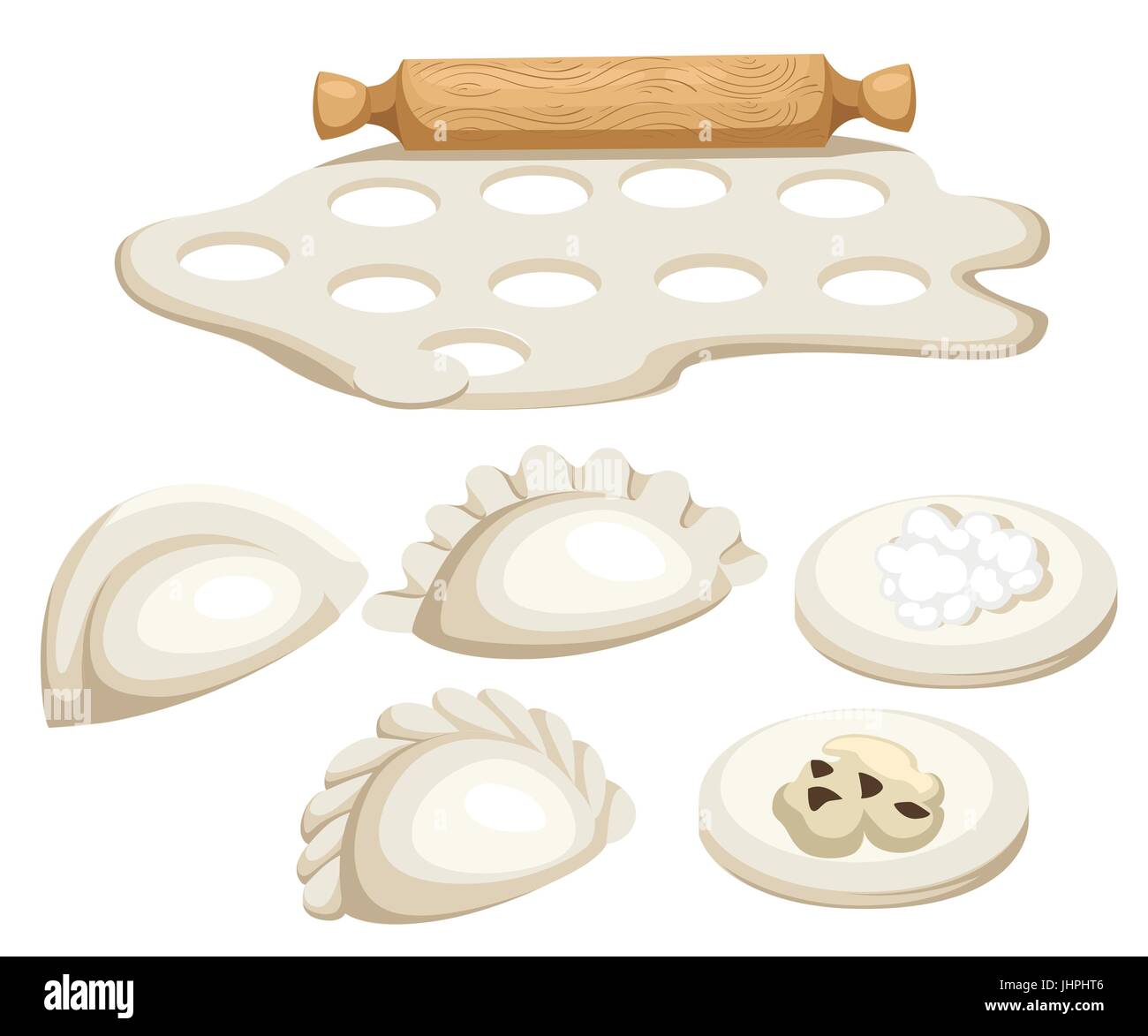 Vareniki. Pelmeni. Des boulettes de viande. L'alimentation. Aneth, persil, poivre noir, le laurier. La cuisson. Des plats nationaux. Le dîner. Les produits de la pâte et de la viande Vec Illustration de Vecteur