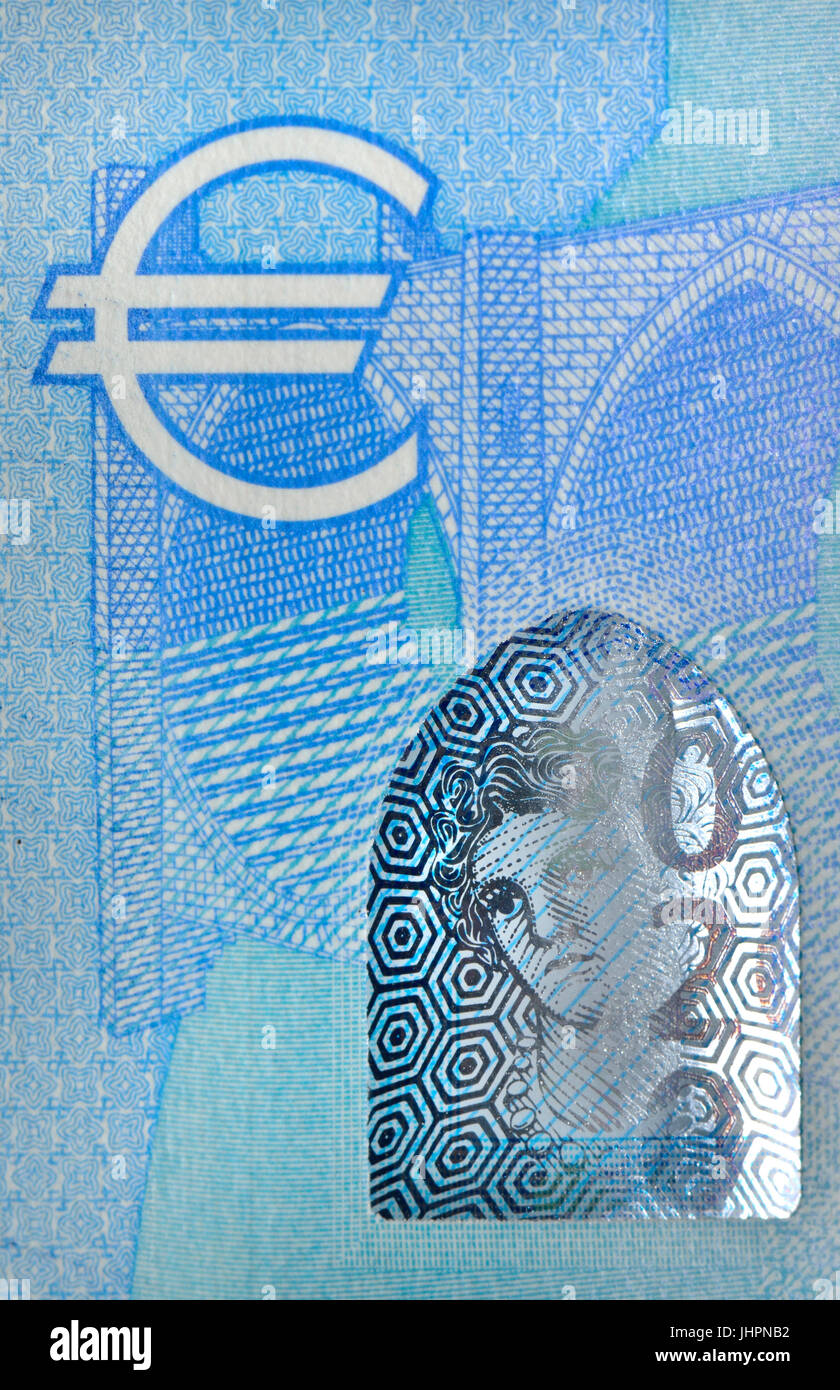 20 euros Détail montrant des caractéristiques de sécurité anti-contrefaçon - nouvelle série "Europa" fenêtre portrait Banque D'Images