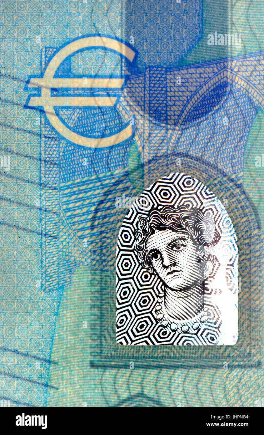 20 euros Détail montrant des caractéristiques de sécurité anti-contrefaçon - nouvelle série "Europa", la fenêtre portrait Banque D'Images