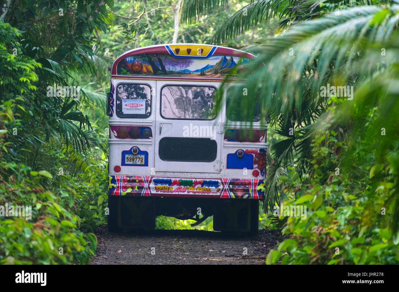 Diablo rojo bus dans le milieu de la forêt tropicale jungle au Panama Banque D'Images