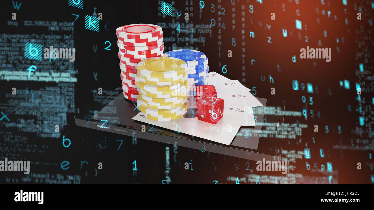 Arrière-plan de virus contre des cartes à jouer avec pile de jetons de casino et de dés sur smartphone Banque D'Images