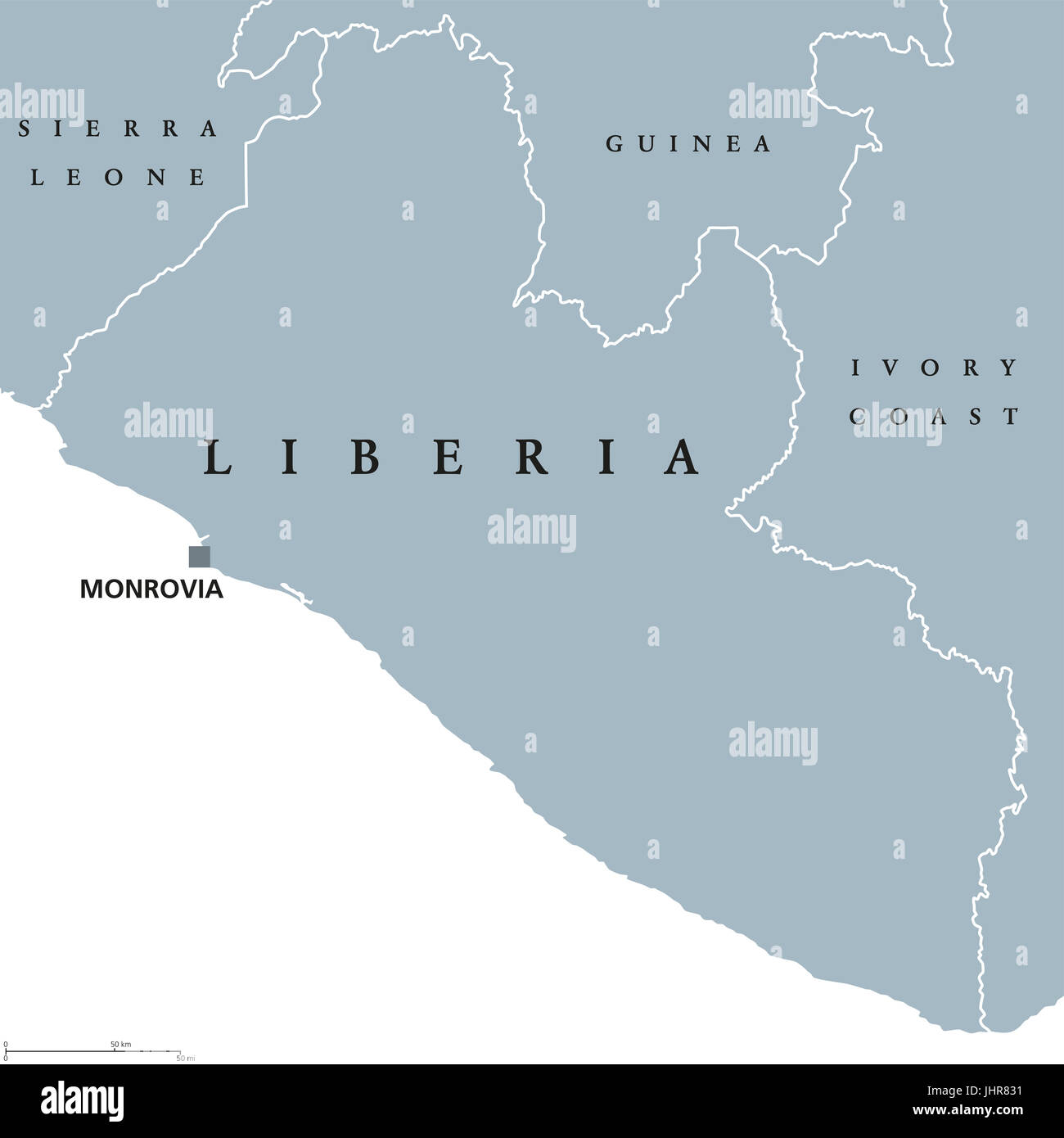 Carte politique du Libéria à Monrovia en capital et les frontières internationales. République et pays sur la côte ouest-africaine. Gris illustration. Banque D'Images