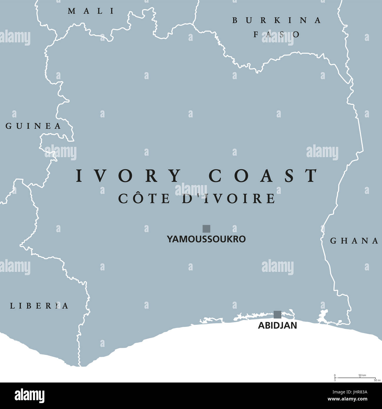 Côte d'Ivoire carte politique avec capital Yamoussoukro et Abidjan. République de Côte d'Ivoire, pays de la côte ouest-africaine. Gris illustration. Banque D'Images